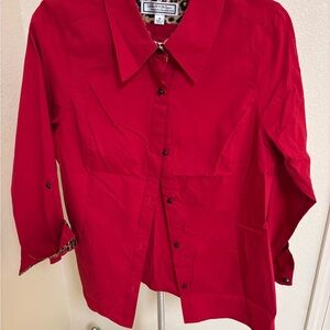SIMONTON Says Red Button-Down Shirt w/ Leopard Print Accent – M